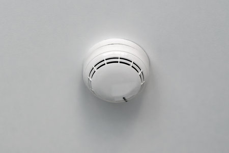 White plastic smoke detector on the ceiling. Fire safety equipment in the house.の写真素材