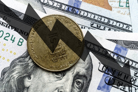 Close-up of a Israel shekel coin placed on US 100 dollar bills and arrow down. Concept of currency falling.の写真素材