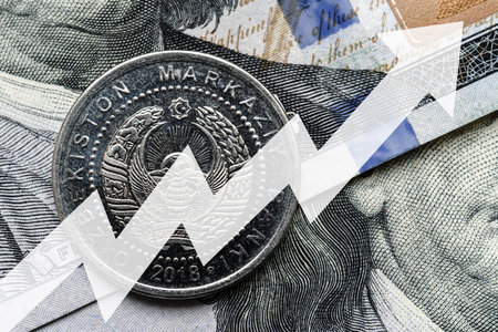 Close-up of a Uzbekistan som coin placed on US 100 dollar bills and arrow up. Concept of currency increasing.の写真素材