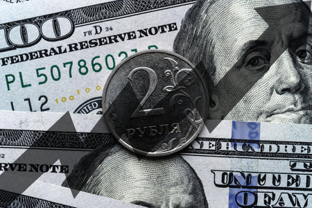 Close-up of a Russian ruble coin placed on US 100 dollar bills and arrow up. Concept of currency increase.の写真素材