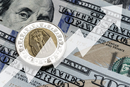 Close-up of a Egypt pound coin placed on US 100 dollar bills and arrow up. Concept of currency increasing.の写真素材