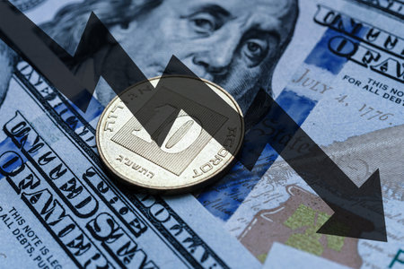 Close-up of a Israel shekel coin placed on US 100 dollar bills and arrow down. Concept of currency falling.の写真素材