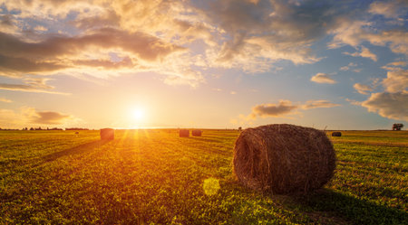 Scenic of sunset over hay bales in a field. Golden light bathes the landscape, creating a tranquil scene. For agriculture, travel and inspiring greeting card designs.の写真素材