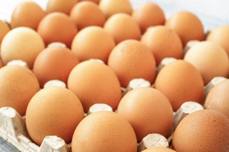 Brown chicken eggs in a cardboard tray on a rustic wood background. For farm and food concepts and...