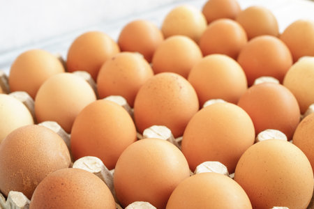 Brown chicken eggs in a cardboard tray on a rustic wood background. For farm and food concepts and...