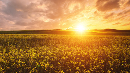 Yellow bright flowers in a bloom in a field of rapeseed at sunset light, creating a beautiful summer...