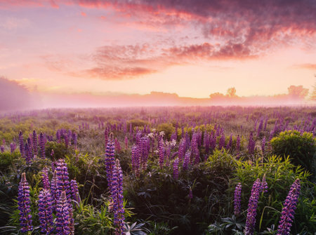 Majestic lupines field bathed in vibrant sunrise glow. Tranquil countryside scene for dreamy landscape background. Serene nature escape or ethereal spring greetings. Vintage film aesthetic.の写真素材