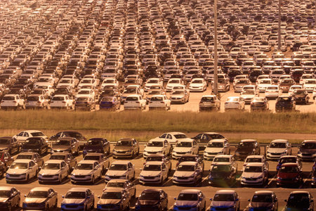 Russia, Kaluga - July 16, 2021 - Rows of new cars parked at night in an open parking lot for...