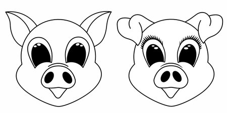 set girl and boy pig smiley face icon. Pig outline logo. Pork meat. stock vector illustration.のイラスト素材