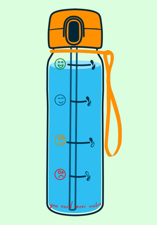 bottle you need more water. Blue plastic bottle in flat cartoon style with drops of water. vector illustration.のイラスト素材