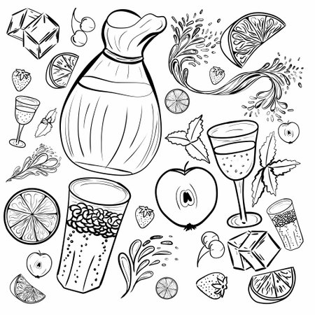 Vector hand drawn set of Cold drinks, summer cocktails and beverages with fruits. Various doodles for beach party, bar, restaurant menu. isolated objectsのイラスト素材