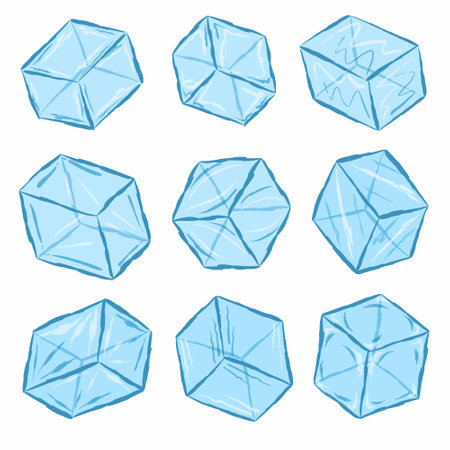 Ice cube set vector illustration. Cartoon isolated transparent frozen water from freeze, blue crystal pieces of square shape melt with clear drops, stack of iced cubes for cocktails and drinksのイラスト素材