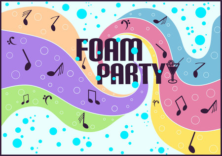 foam party flyer or card. Shampoo or soup foam line. Template for web site background, flyer, banner. Good for greeting card and party invitation. Aqua park, swimming pool, diving.のイラスト素材