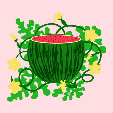 watermelon in flowers on leaves. A red watermelon plant isolated on white background.のイラスト素材