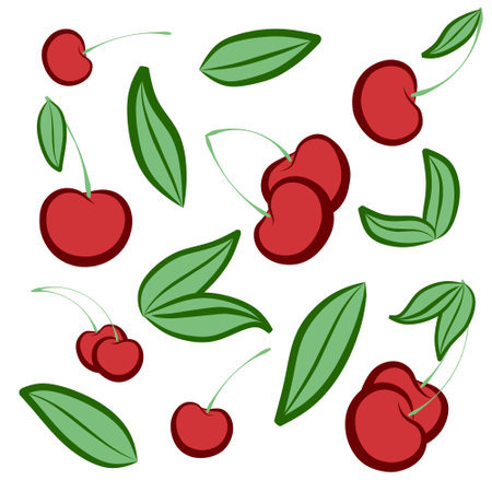 Set of fresh cherries with leaf, whole, double, group and half on isolated background. 3d realistic...