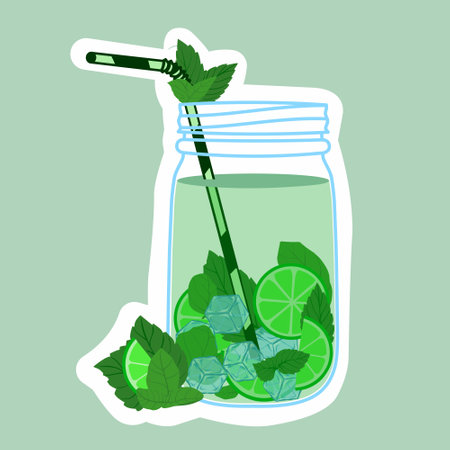 frash lemonade with basil and mint, in glass bottle and jug. Infused water and refreshment drink concept. Isolated vector illustration.のイラスト素材