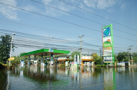 PATHUM THANI THAILAND  NOVEMBER 14: Gas station in Pathum Thani  during its worst flooding in decades is a major disaster on November 14, 2011  in Pathum Thani, Thailand.のeditorial素材