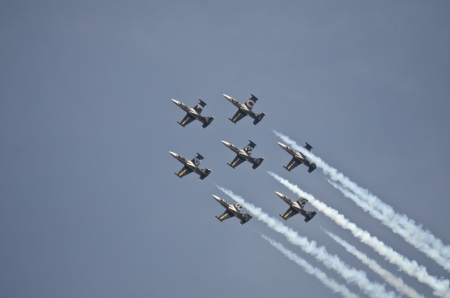 BANGKOK, THAILAND - MARCH 23: Airplanes L - 39UTI  Breitling Jet Team Under The Royal Sky in Don...