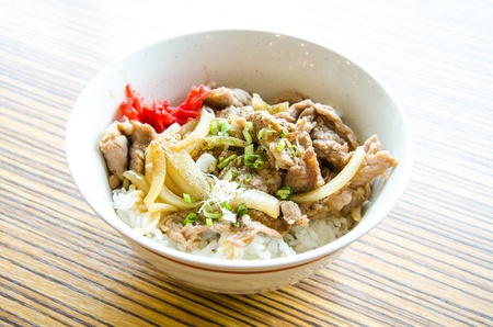 Gyudon, beef bowl, is a Japanese dish consisting of a bowl of rice topped with beef and onion simmered in a mildly sweet sauce flavoredの写真素材