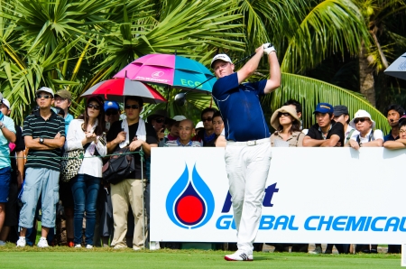 CHONBURI - DECEMBER 14 : Marcus Fraser of Australia player in Thailand Golf Championship 2013 at Amata Spring Country Club on December 14, 2013 in Chonburi, Thailand.のeditorial素材