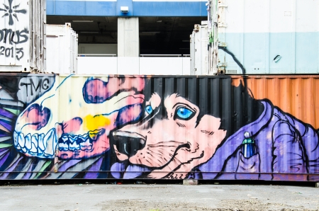 BANGKOK - NOVEMBER 24 : A section of graffiti on containers this landmark is open to public near MRT station November 24, 2013, Bangkok Thailand.のeditorial素材