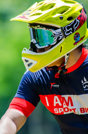SARABURI, THAILAND - JULY 6   Unidentified biker riding a mountain bike at Thailand Enduro Series 2014 on July 5, 2014 in Saraburi, Thailand のeditorial素材