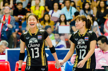 BANGKOK - AUGUST 17: Nootsara Tomkom of Thailand Volleyball Team in action during The Volleyball World Grand Prix 2014 at Indoor Stadium Huamark on August 17, 2014 in Bangkok, Thailand.のeditorial素材