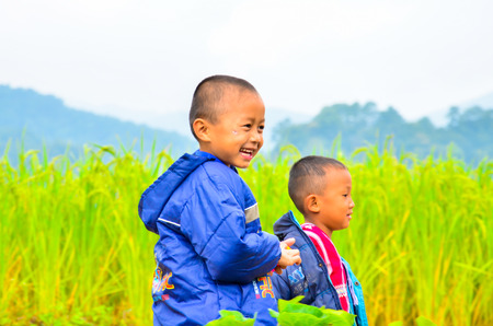 CHIANG MAI -THAILAND OCTOBER 18: Unidentified Pa-Ka-Geh-Yor (Karen Sgaw) children 2-4 year old in...