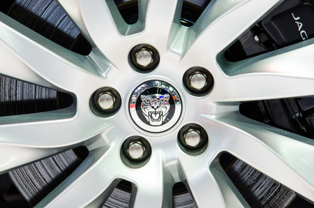 NONTHABURI - MARCH 24: Logo of Jaguar on wheels in display at Thailand 36th Bangkok International...