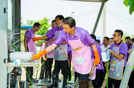 SINGBURI - APRIL 3 : Volunteers was cleaning public toilet, in order to promote a shared clean toilet, April 3, 2015, Singburi, Thailand.のeditorial素材