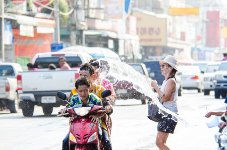 LOPBURI - APRIL 13: Songkran Festival is celebrated in Thailand as the traditional New Year's at Banmi district on April 13, 2015 in Lopburi, Thailandのeditorial素材