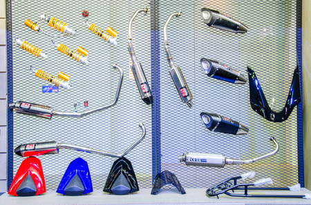 NONTHABURI - JUNE 24 : Parts of motorbike on display at Bangkok International Auto Salon 2015 is Exciting Modified Car Show on June 24, 2015 in Nonthaburi, Thailand.のeditorial素材