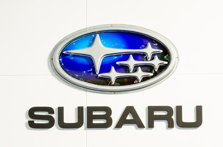 BANGKOK - AUGUST 1 : Logo of Subaru on display at Bangkok International Grand Motor Sale 2015 Big Motor Sale 2015 is exhibition of vehicles for sale on August 1, 2015 in Bangkok, Thailand.のeditorial素材