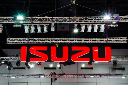 BANGKOK - AUGUST 1 : Logo of Isuzu on display at Bangkok International Grand Motor Sale 2015 Big Motor Sale 2015 is exhibition of vehicles for sale on August 1, 2015 in Bangkok, Thailand.のeditorial素材