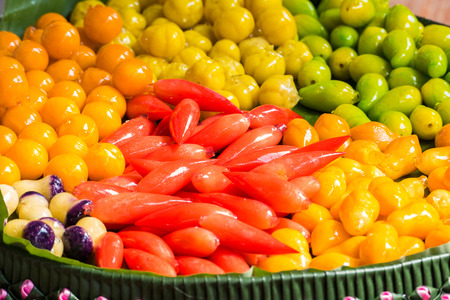 Traditional Thai dessert (Deletable imitation fruits), crushed soybean and into jelly made to imitation fruits.の写真素材