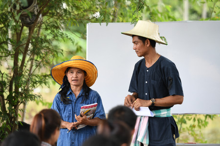 SINGBURI - THAILAND 18 : Farmers planting rice by demonstrating sufficient economy like Kings and Thailand show their loyalty to The monarchy at Bangrachan on October 18, 2016 in Singburi, Thailand.のeditorial素材