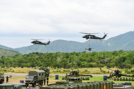 LOPBURI - NOVEMBER 2 : Gunnery practice with live ammunition of Thai Artillery military at Artillery Center on November 2, 2016 in lopburi, Thailand.のeditorial素材
