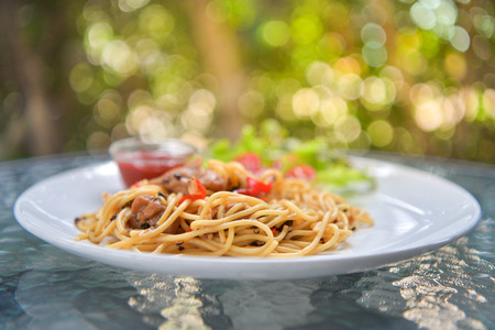 Italian spaghetti with chicken on white plate.の写真素材