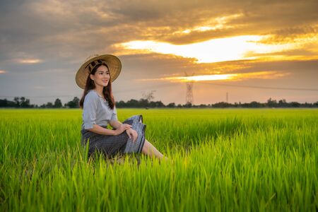 Asian women on cornfield at rural scenic.の写真素材