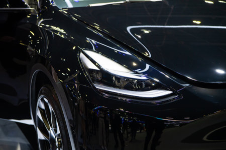 Tesla Model Y EV car on display at The 40th Thailand International Motor Expo 2023 on November 29, 2023 in Nonthaburi, Thailand.のeditorial素材