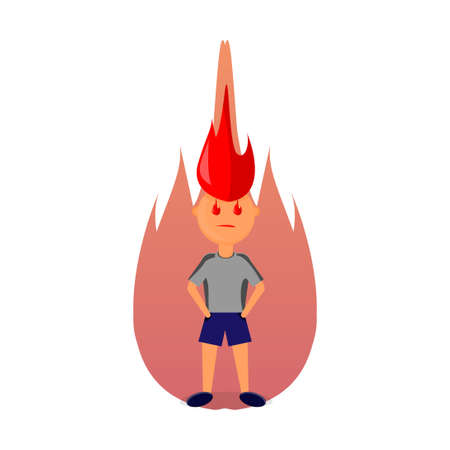 Creative vector character design of a man with hair and eyes like fire as if he is angryのイラスト素材