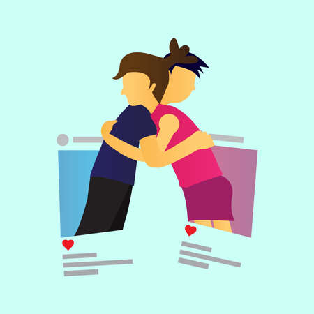 Creative vector character design of a man and woman who are brought together by social media as if they are cuddling for web design, landing pages, banners, illustrators.のイラスト素材