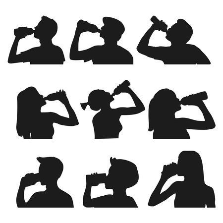 vector collection of people drinking in silhouette style. flat vector of people drinking isolated on white backgroundのイラスト素材