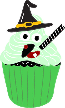 Halloween cupcakes. Cute kids in pumpkin, cat, vampire, witch hat, bat, skeleton and black cat costumes.のイラスト素材