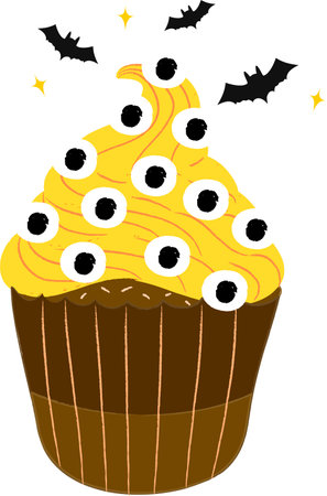 Halloween cupcakes. Cute kids in pumpkin, cat, vampire, witch hat, bat, skeleton and black cat costumes.のイラスト素材