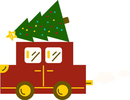 Merry Christmas and Happy New Year. Red retro convertible carrying Christmas tree. Vintage banners, modern posters, holiday flyers, brochuresのイラスト素材