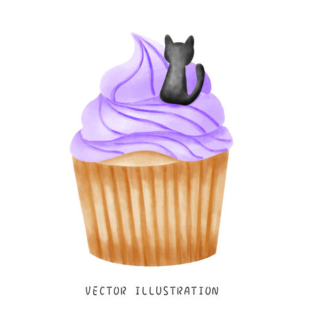 Cupcake with black cat. Watercolor hand drawn illustration.のイラスト素材
