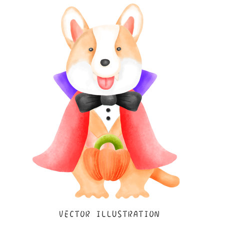 Watercolor style Pembroke Welsh Corgi holding a pumpkin and dressed as a cute vampire to celebrate Halloween!のイラスト素材
