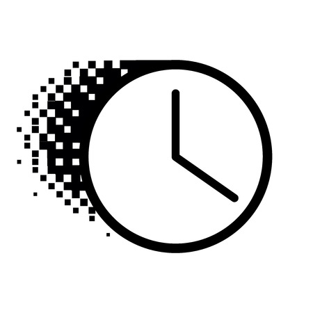 Vector clock icon in dissolved, dotted halftone. Disappearing effect involves square dots