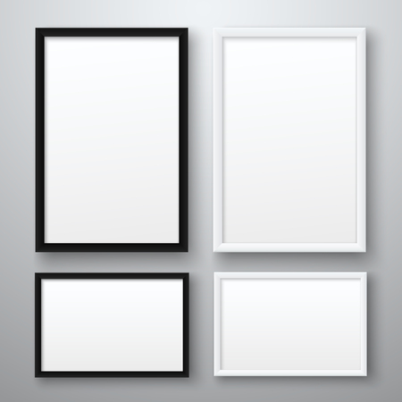 White and black realistic empty pictures frame on gray background. A4 vertical and horizontall blank picture frames for photographs. Vector illustrationのイラスト素材